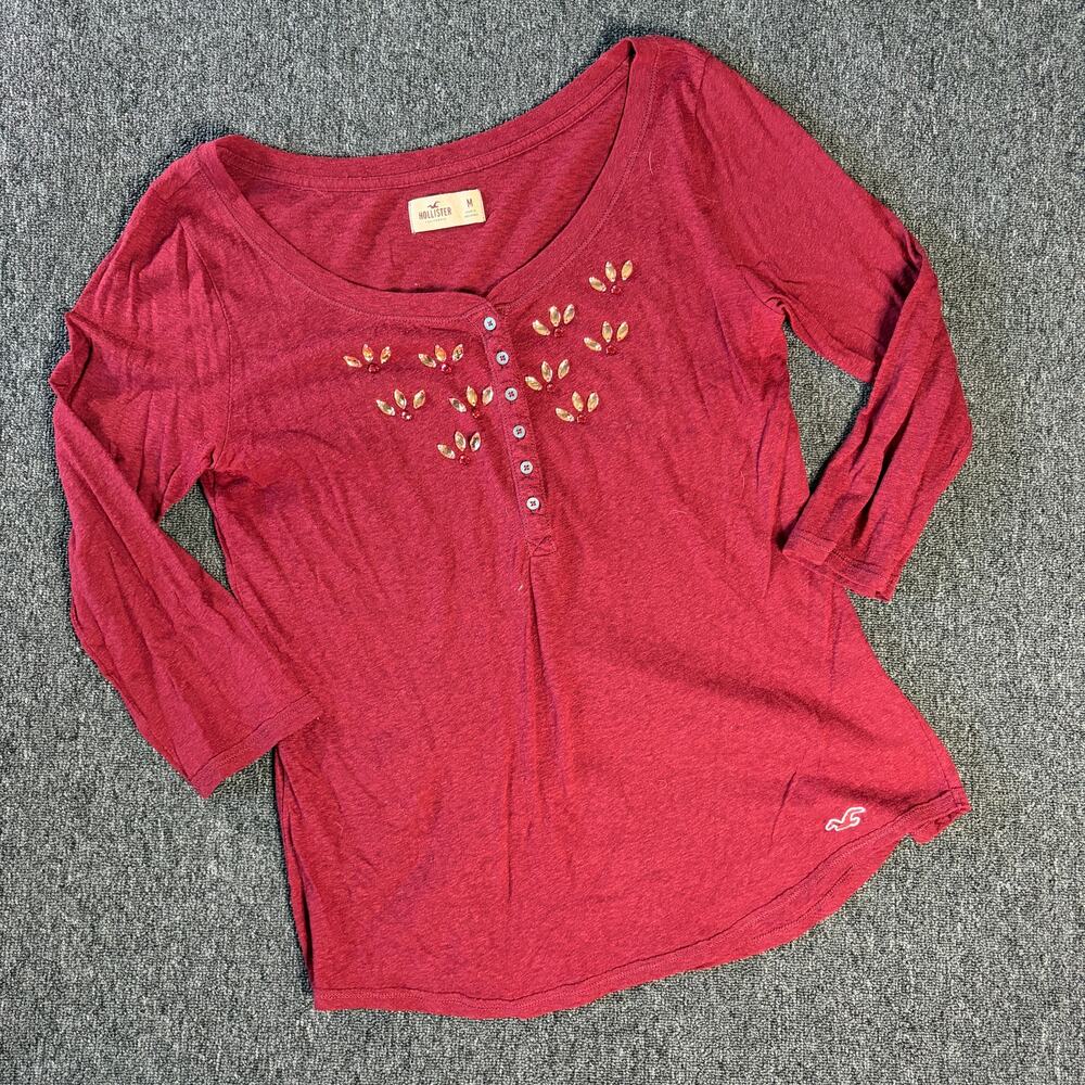 Vintage Y2k Hollister Babydoll Rhinestone Embellished Henley Longsleeve Medium